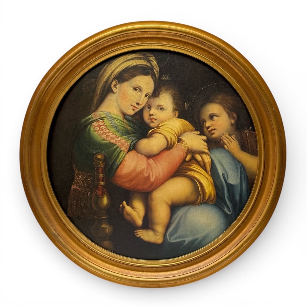Vintage Madonna of the Chair by Raphael Large Round Framed Gilt Print 25”